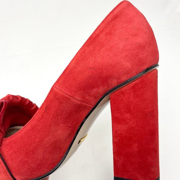 Gucci Marmont Interlocking GG Red Suede Leather Block Heel Fringe Pumps EU 37.5 - Picture 13 of 14